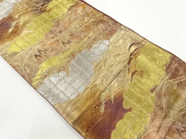 アンティーク　雲取りに屏風箔・遠山模様織出し袋帯（材料）